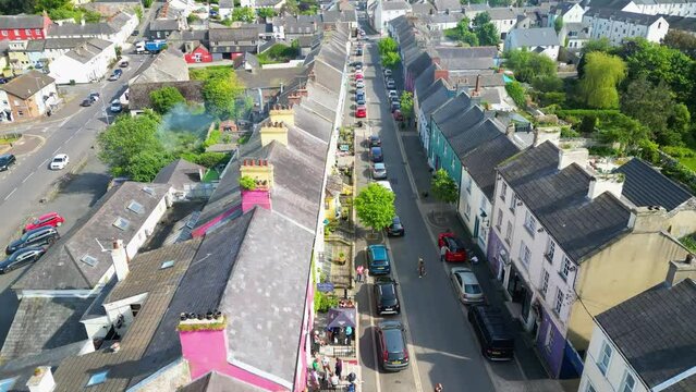 Drone shot flying over a small village main street, Killyleagh, County Down, Northern Ireland, United Kingdom, UK
