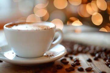 A close-up of a freshly brewed cup of cappuccino surrounded by scattered coffee beans on a wooden surface with warm bokeh lights in the background