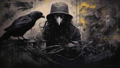 Post apocalyptic plague doctor tending to a wounded crow in a ruined city.