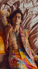 Young man lying on a crumpled pink bedsheet showcasing colorful, embellished clothing and a detailed chest tattoo in a relaxed pose