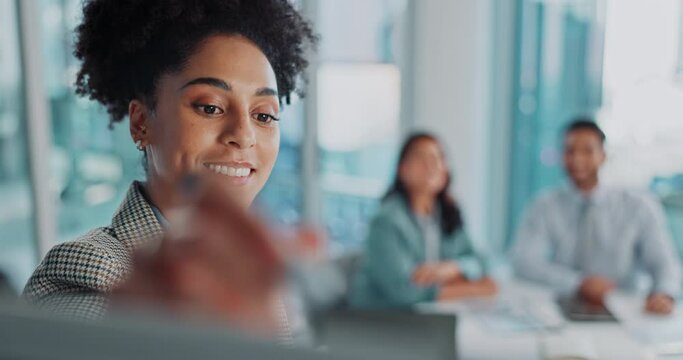 Business woman, coaching and writing with whiteboard or applause in presentation, collaboration or winning at office. Female person or speaker with employees clapping for meeting or plan at workplace