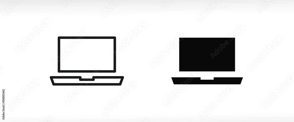 Poster laptop. notebook screen template. display computer icon line and flat icons set, editable stroke iso