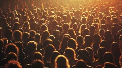 A large crowd of people standing close together, viewed from behind, with warm lighting creating a dramatic ambiance.