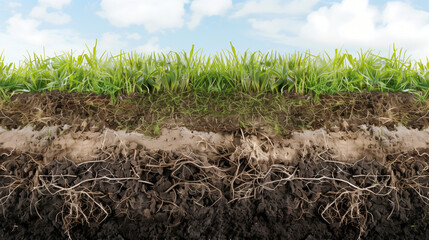 Cross-section of soil showing green grass on top and a network of roots in the soil layers beneath against a cloudy sky.