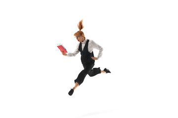 Concentrated woman, office worker in formal wear, jumping and looking on documents isolated on white background. Deadlines, working on projects. Concept of business, office lifestyle, entrepreneurship