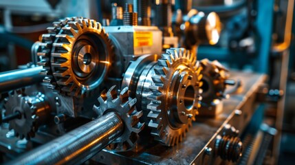 Fototapeta premium Macro shot of interlocking metal gears symbolizing ongoing enhancements in production