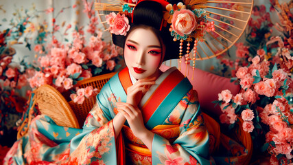 Beautiful geisha in traditional kimono. Pretty lady for kabuki. Japanese style