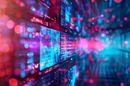 Abstract image featuring a vibrant server room with flowing digital information