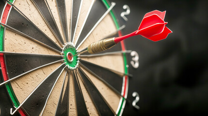 Close-up of a dartboard with a red dart hitting the bullseye, illustrating precision and accuracy in aiming. The background is dark and out of focus.