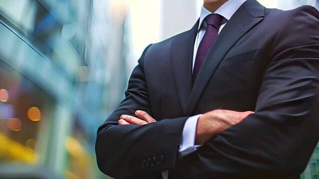 A businessman dressed in a suit is standing in front of a modern city skyline, showcasing the urban environment.
