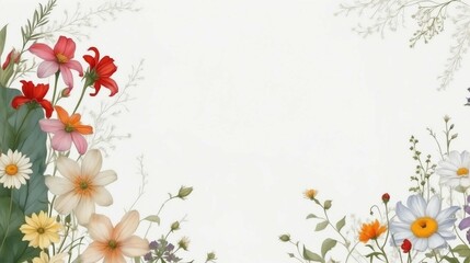 Fototapeta premium Elegant Floral Border with Various Spring Flowers Including Daisies and Lilies on a White Background