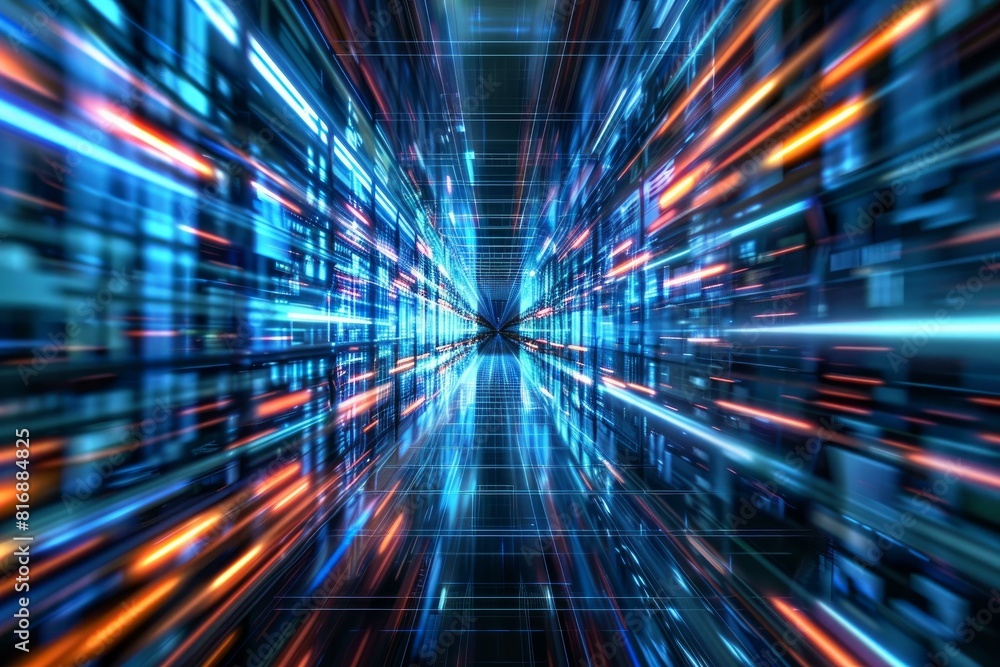 Poster abstract highspeed motion through a vibrant technology tunnel of digital data