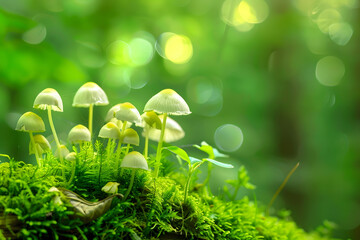 Mushrooms glowing under sunlight amidst vibrant green forest floor