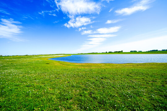 Landscape on the Bislicher Insel near Xanten in the Wesel district. Nature reserve on the floodplain landscape on the Lower Rhine.
