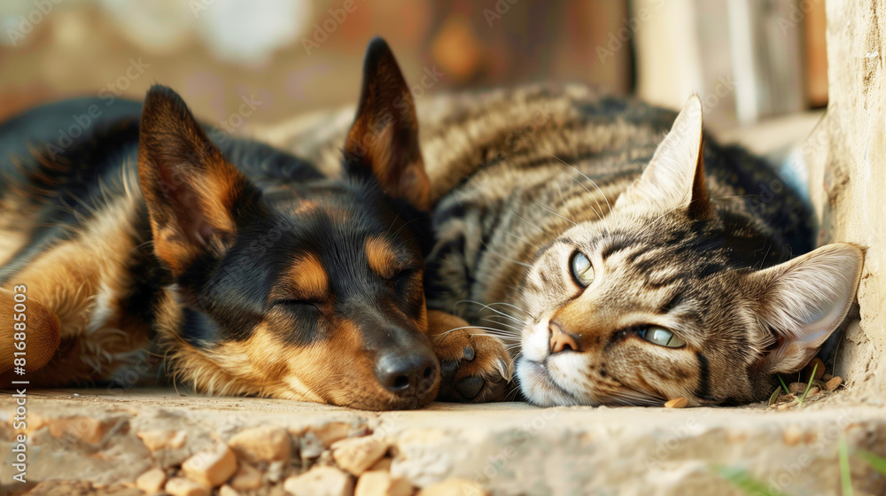 Wall mural A close-up of a dog and a cat resting together on a rough surface. The dog is asleep with eyes closed, while the cat lies awake next to it. Both animals appear relaxed and peaceful.