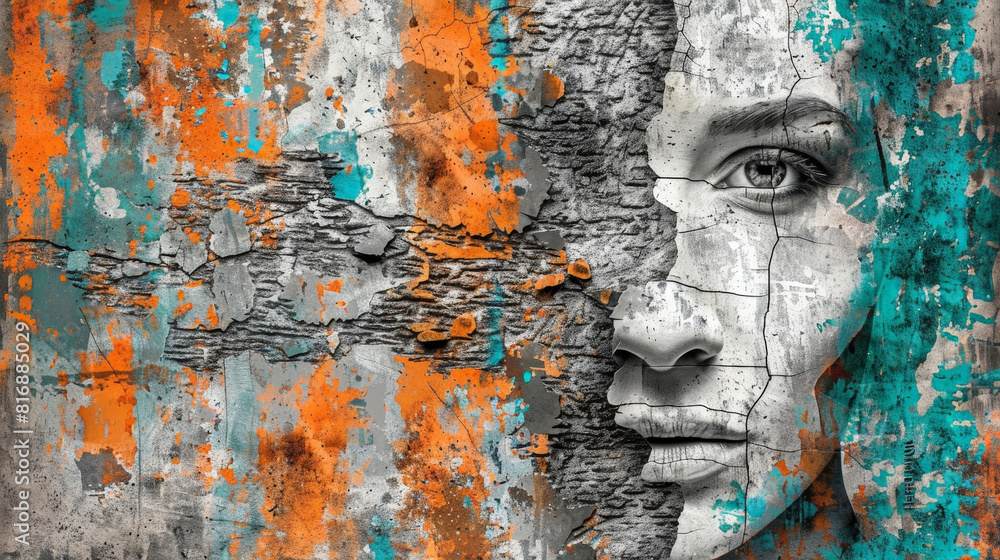 Poster this abstract painting showcases a womans face, depicted with bold colors and dynamic brushstrokes. 