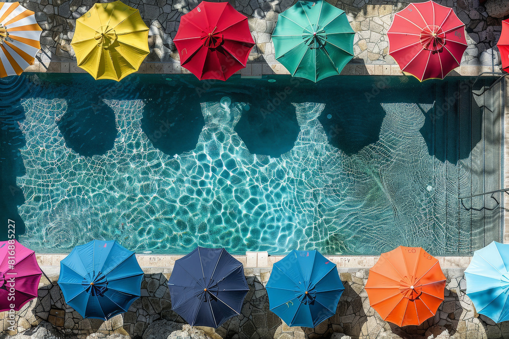 Poster Aerial view of a pool surrounded by colorful umbrellas, creating a vibrant and inviting atmosphere