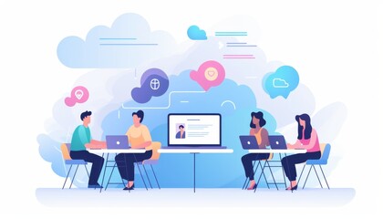 A group of diverse people are sitting around a table having a meeting. They are using laptops and a projector screen. The image is about teamwork and collaboration.