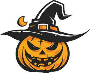 Halloween scary pumpkin in purple witches hat in