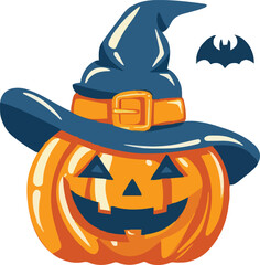 Halloween scary pumpkin in purple witches hat in