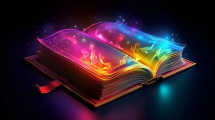 An open magic book with a magic rainbow. Generative AI. The Magic Book