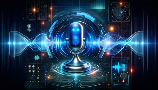 A futuristic voice AI assistant interface, featuring a sleek microphone with digital sound waves and advanced technology elements.