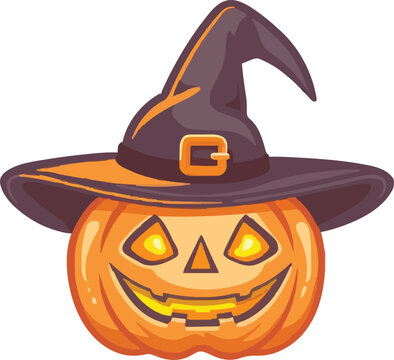 Halloween scary pumpkin in purple witches hat in