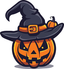 Halloween scary pumpkin in purple witches hat in