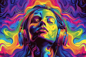 A woman is wearing headphones and listening to music