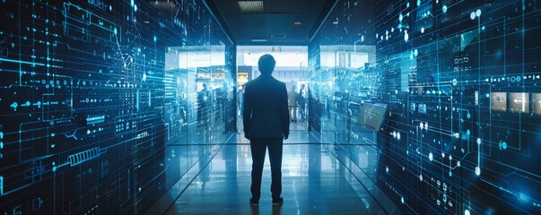 A businessman interacting with Internet of Things (IoT) devices in a modern office.