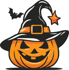 Halloween scary pumpkin in purple witches hat in