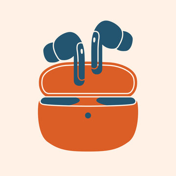 recommend clip art: Minimal vector illustration of wireless earphones with charging case. Flat design. Clip art with headphones. Music lover concept.