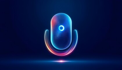 Minimalist design of a glowing microphone isolated on a dark background, symbolizing a sleek AI voice assistant.