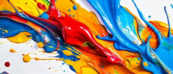 Colorful abstract painting with bright red, yellow, blue, and orange hues.