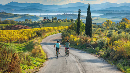 A man and a woman are cycling down a scenic country road in Italy. The backdrop features rolling...