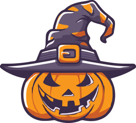 Halloween scary pumpkin in purple witches hat in