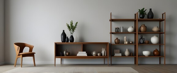 Wooden shelves. White wall. Ideas for DIY and decoration.