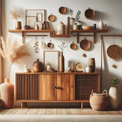 Wooden cabinet and accessories decor in living room interior on empty white wall background. Wooden shelves.