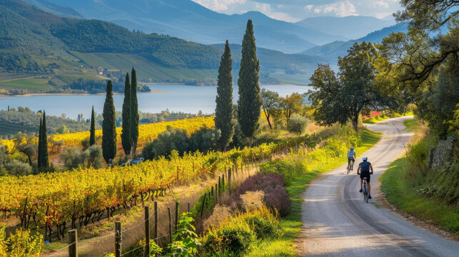 Two individuals, riding bicycles, are seen cycling down a scenic country road in lush greenery and rolling hills of the European landscape 
