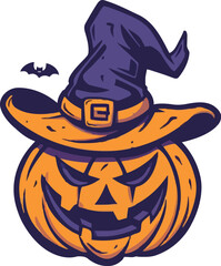 Halloween scary pumpkin in purple witches hat in