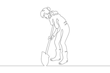 Fototapeta na wymiar A woman in work clothes digs with a shovel. The female farmer is digging. A gardener works on the land. One continuous line. Line art. Minimum one line. White background. One line drawing.