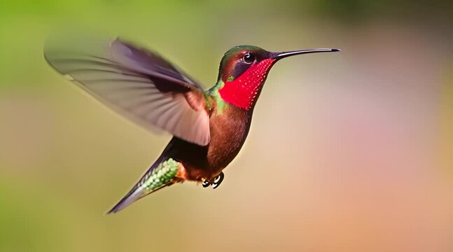 Slow Motion Extreme Close-Up of a Crimson Topaz Gorget Hummingbird Hovering in Exquisite Detail