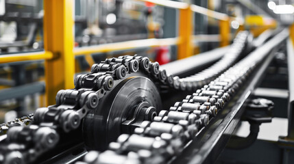 Fototapeta premium Close-up of a conveyor chain in a modern industrial setting. The image focuses on the metallic parts and machinery, highlighting precision engineering and manufacturing technology.