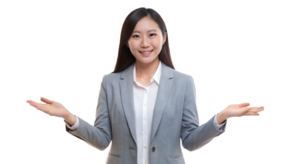Ultrarealistic long full face and body photorealistic woman in a gray jacket and white shirt holding out her hands, plain background, with a white background