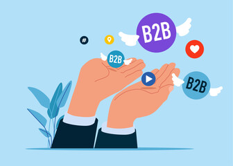 Giant hands trying to catch flying social media network ads and internet. SMM, Internet notification. B2B word in speech bubble. B2B marketing. Flat vector illustration.