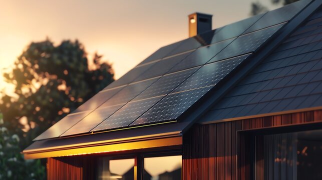 a photo of a modern  house with solar panels on the roof