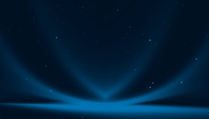 Blue empty stage with neon rays.