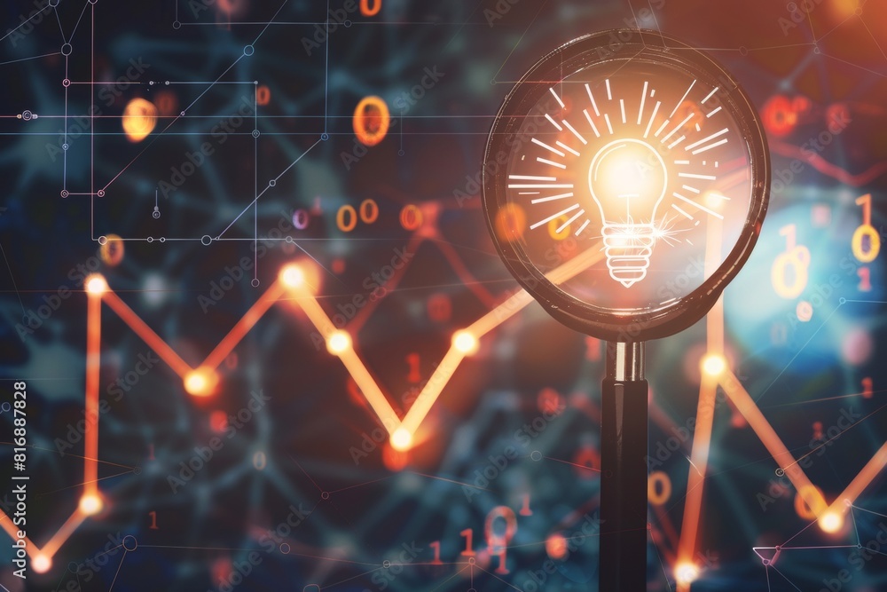 Poster magnifying glass focusing on a lightbulb symbolizing ideas in a backdrop of digital graphs and binar