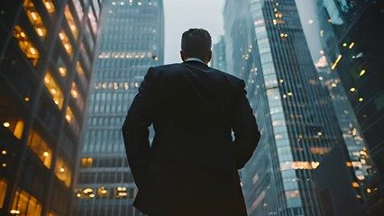 A man in a suit strolls through a city at night, surrounded by illuminated buildings and a bustling urban landscape.