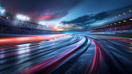 Dramatic Night Scene at Race Track with Spectators Under Sports Lights